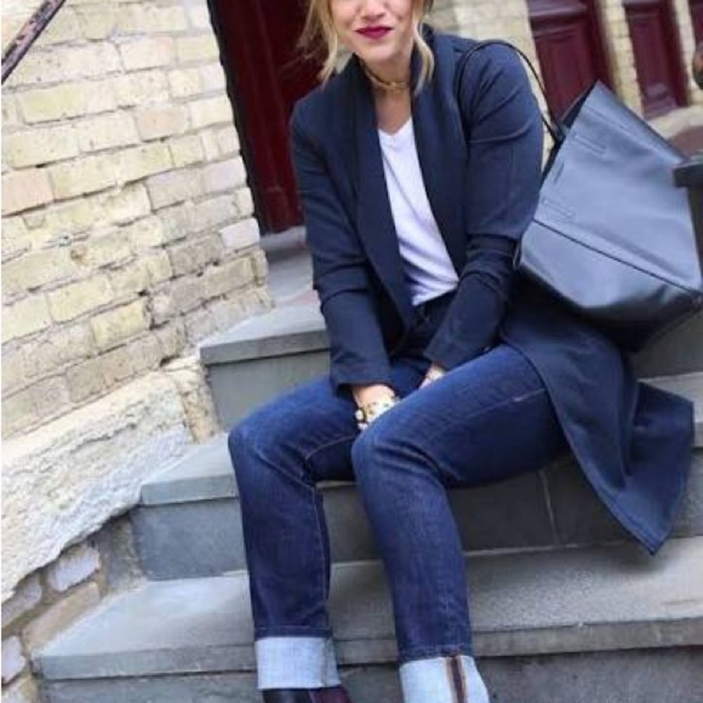 CABI 3180 Harbour Navy Blue Knit One Button Waist Tie Long Casual Blazer Jacket
